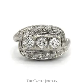 1/2cttw Antique Style 3 Stone Diamond Ring with Diamond Accented Bypass Design in 14k White & Yellow Gold