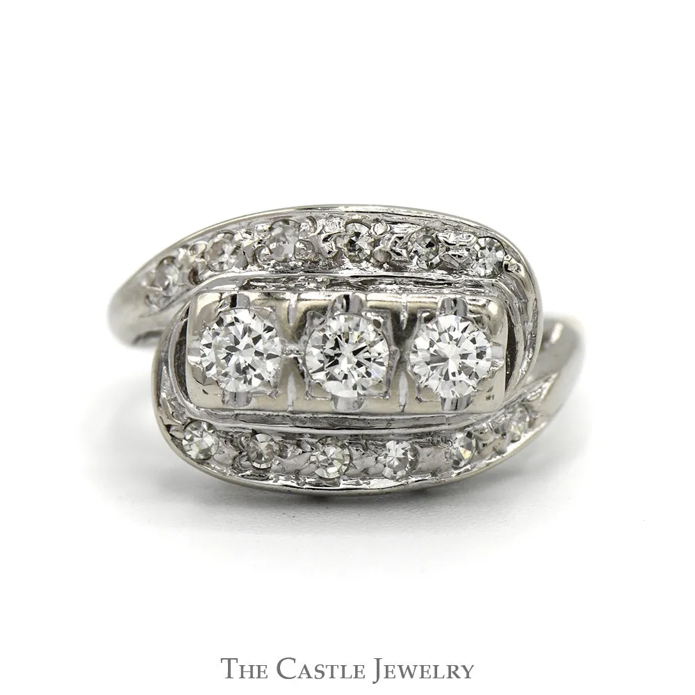 1/2cttw Antique Style 3 Stone Diamond Ring with Diamond Accented Bypass Design in 14k White & Yellow Gold