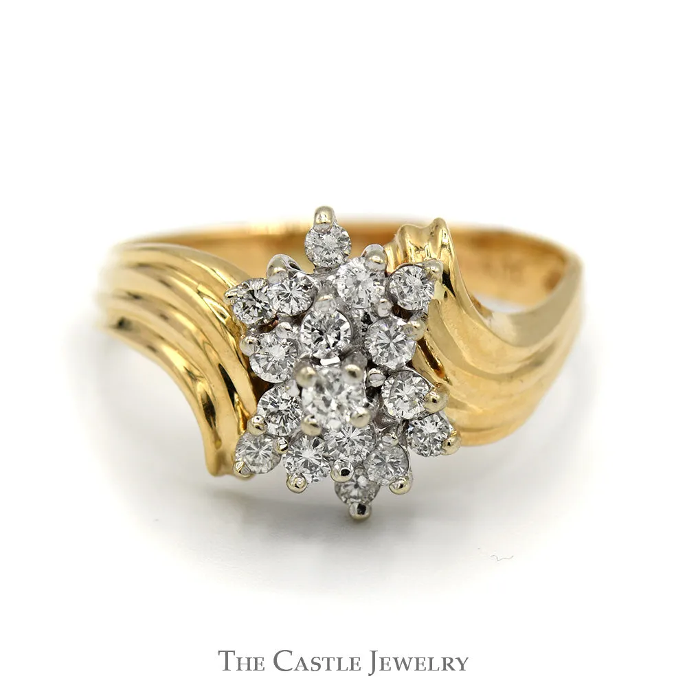 1/2cttw Cocktail Diamond Cluster Ring in 14k Yellow Gold Ridged Bypass Mounting