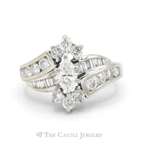 1.5cttw Marquise Diamond Engagement Ring with Round and Baguette Diamond Accents in 14k White Gold