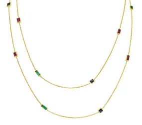 1960's Vintage 6.55 CTW Sapphire Emerald Ruby 14 Karat Gold Gemstone Station Necklace