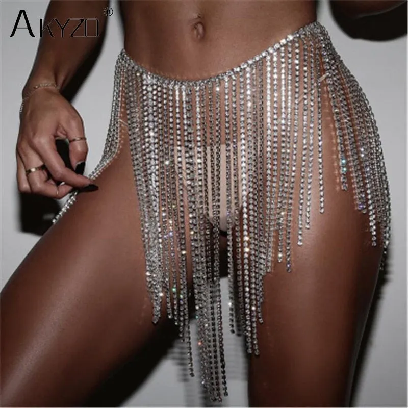 AKYZO Super Sparkly Rhinestone Tassel Chain Nightclub Beach Mini Skirt