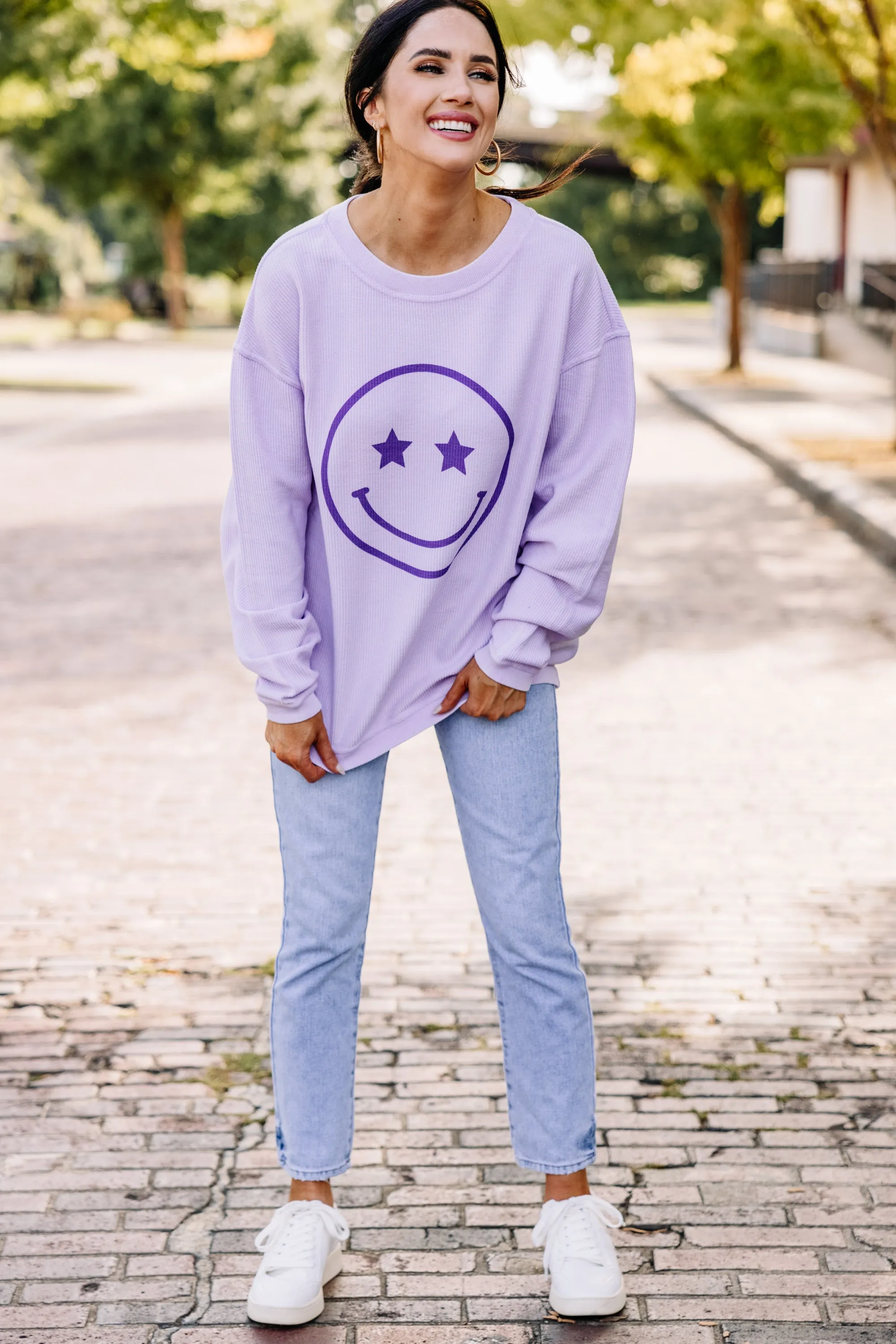 All Smiles Lilac Purple Corded Graphic Sweatshirt