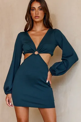 Annecy Long Sleeve Cut-Out Waist Mini Dress Forest Green