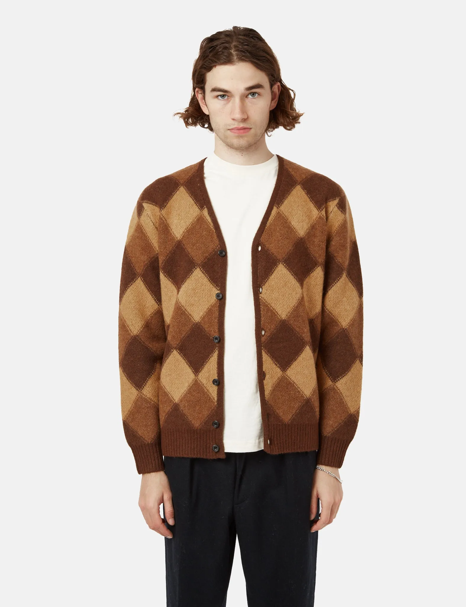 Beams Plus Double Jacquard Cardigan (Argyle Pattern) - Brown