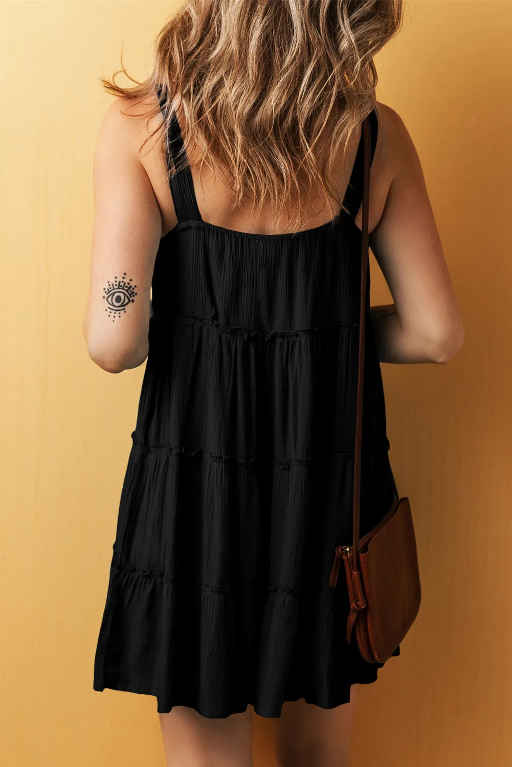 Black Button V-Neck Frilly Tiered Dress