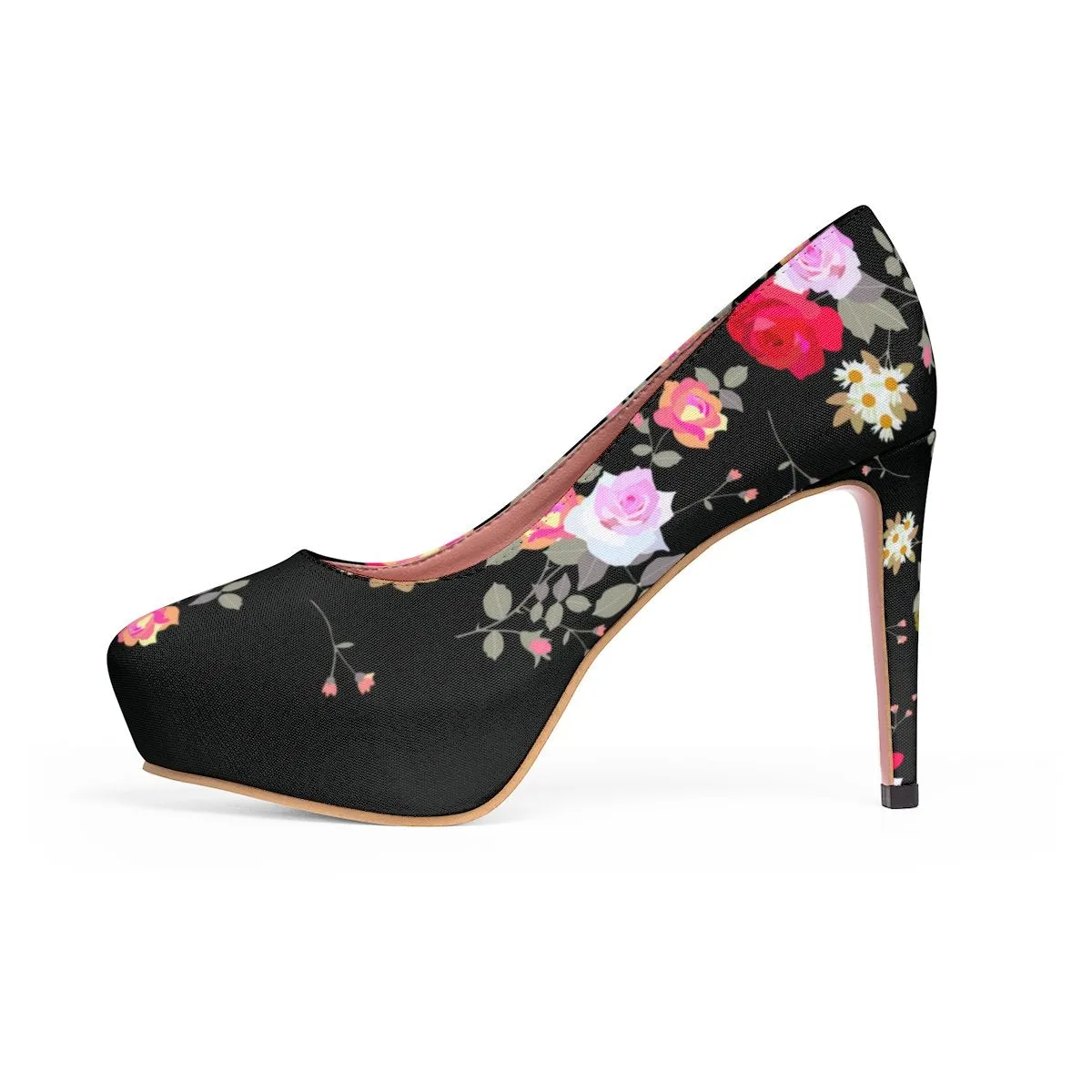 Black Floral Rose Heels, Flower Print Best Women's Platform Heels Stiletto Pumps Shoes