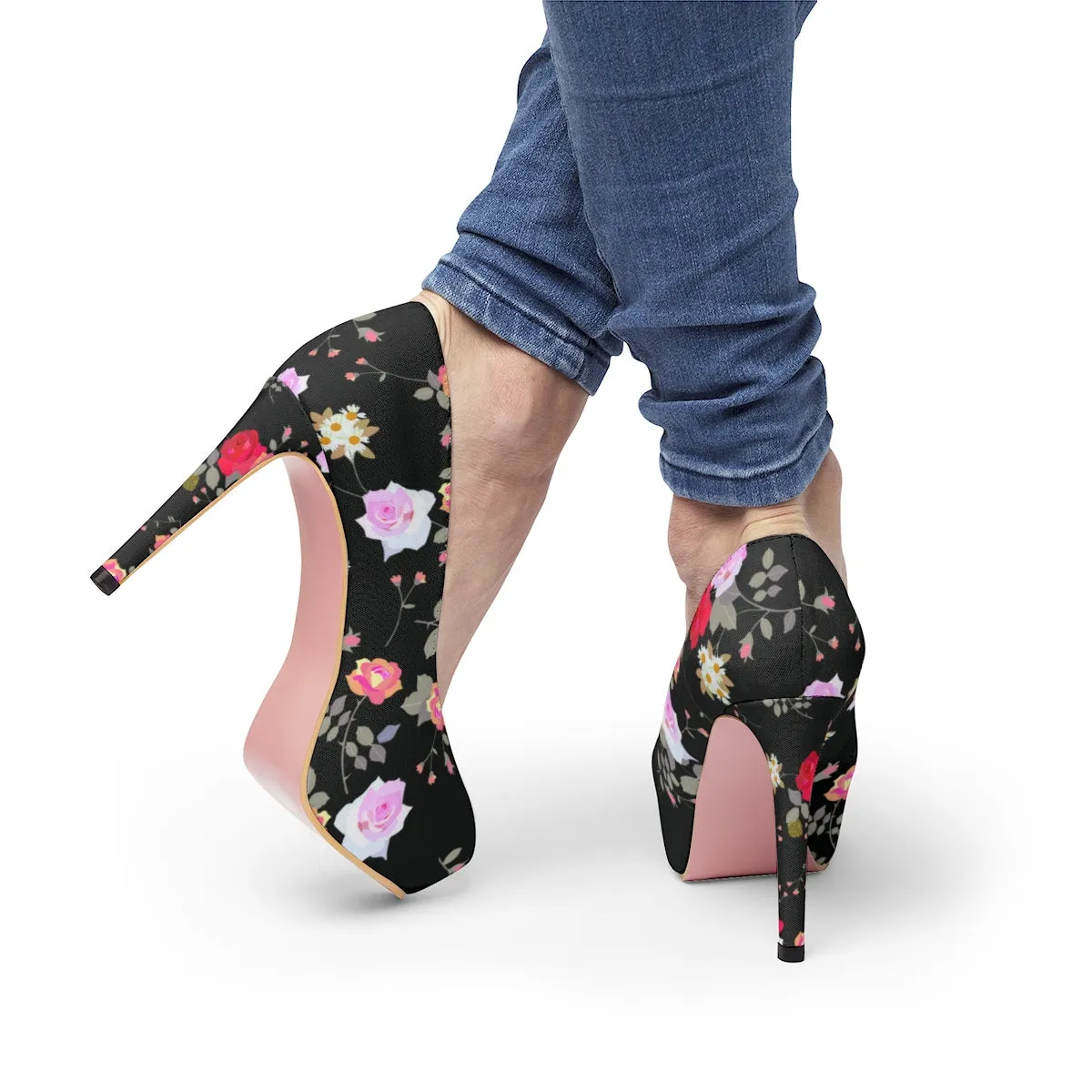 Black Floral Rose Heels, Flower Print Best Women's Platform Heels Stiletto Pumps Shoes