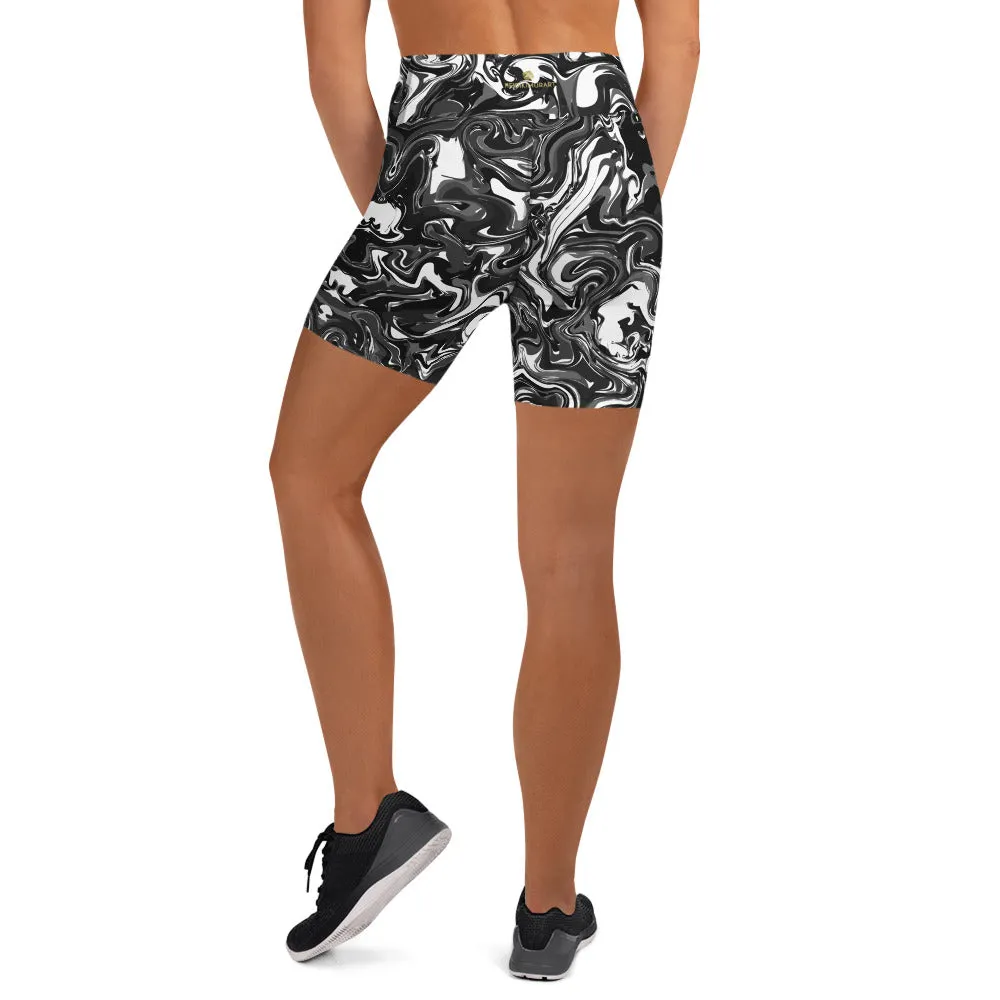 Black Marbled Yoga Shorts, Marble Print Women's Gym Fitness Short Tights-Made in USA/EU