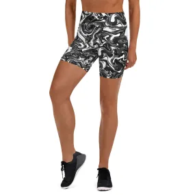 Black Marbled Yoga Shorts, Marble Print Women's Gym Fitness Short Tights-Made in USA/EU