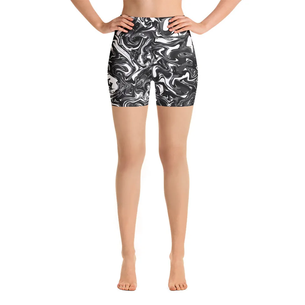 Black Marbled Yoga Shorts, Marble Print Women's Gym Fitness Short Tights-Made in USA/EU