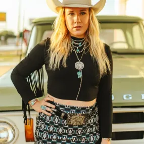 Black Satin Stretch Crop Long Sleeve Fringe Top at Bourbon Cowgirl