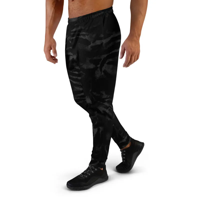 Black Tiger Striped Men's Joggers, Animal Print Comfy Sweatpants With Pockets-Made in EU