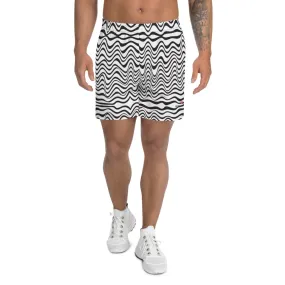 Black Wavy Men's Shorts, Abstract Black White Waves Print Best Premium Men's Athletic Long Shorts