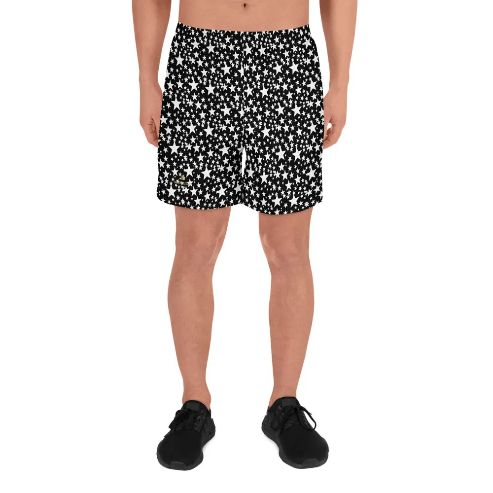 Black White Stars Men's Shorts, Premium Athletic Long Shorts w/ Pockets- Made in USA/EU