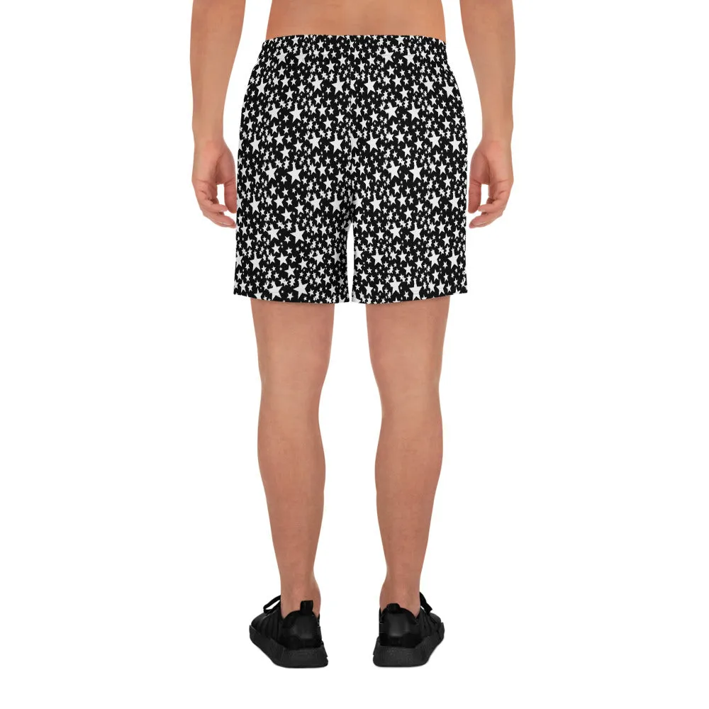 Black White Stars Men's Shorts, Premium Athletic Long Shorts w/ Pockets- Made in USA/EU