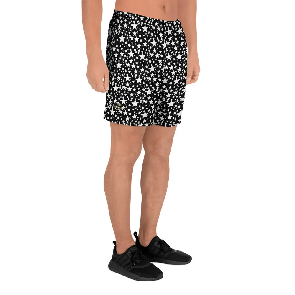 Black White Stars Men's Shorts, Premium Athletic Long Shorts w/ Pockets- Made in USA/EU