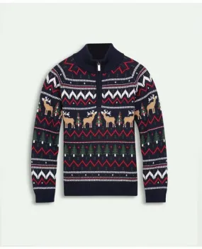 Brooks Brothers Boys Cotton Half-Zip Fair Isle Sweater Navy