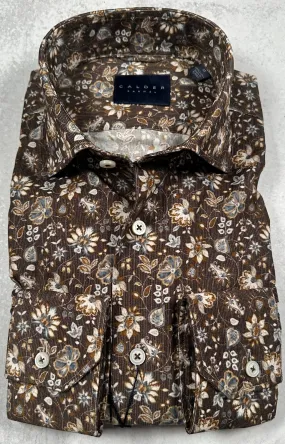 Calder Carmel Luxury Italian Printed Baby Cord Tossed Florals Sport Shirt in Espresso