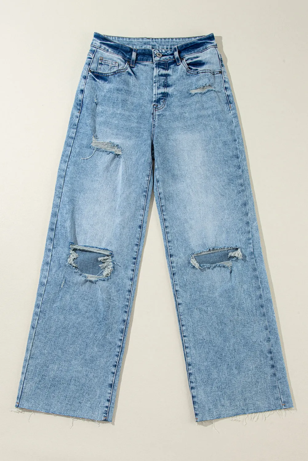 Distressed Raw Hem Straight Jeans