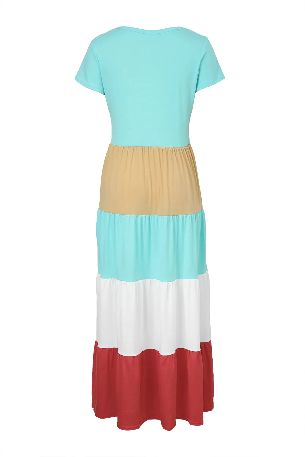 Family Matching Round Neck Short Sleeve Color Block Adult Maxi Dress