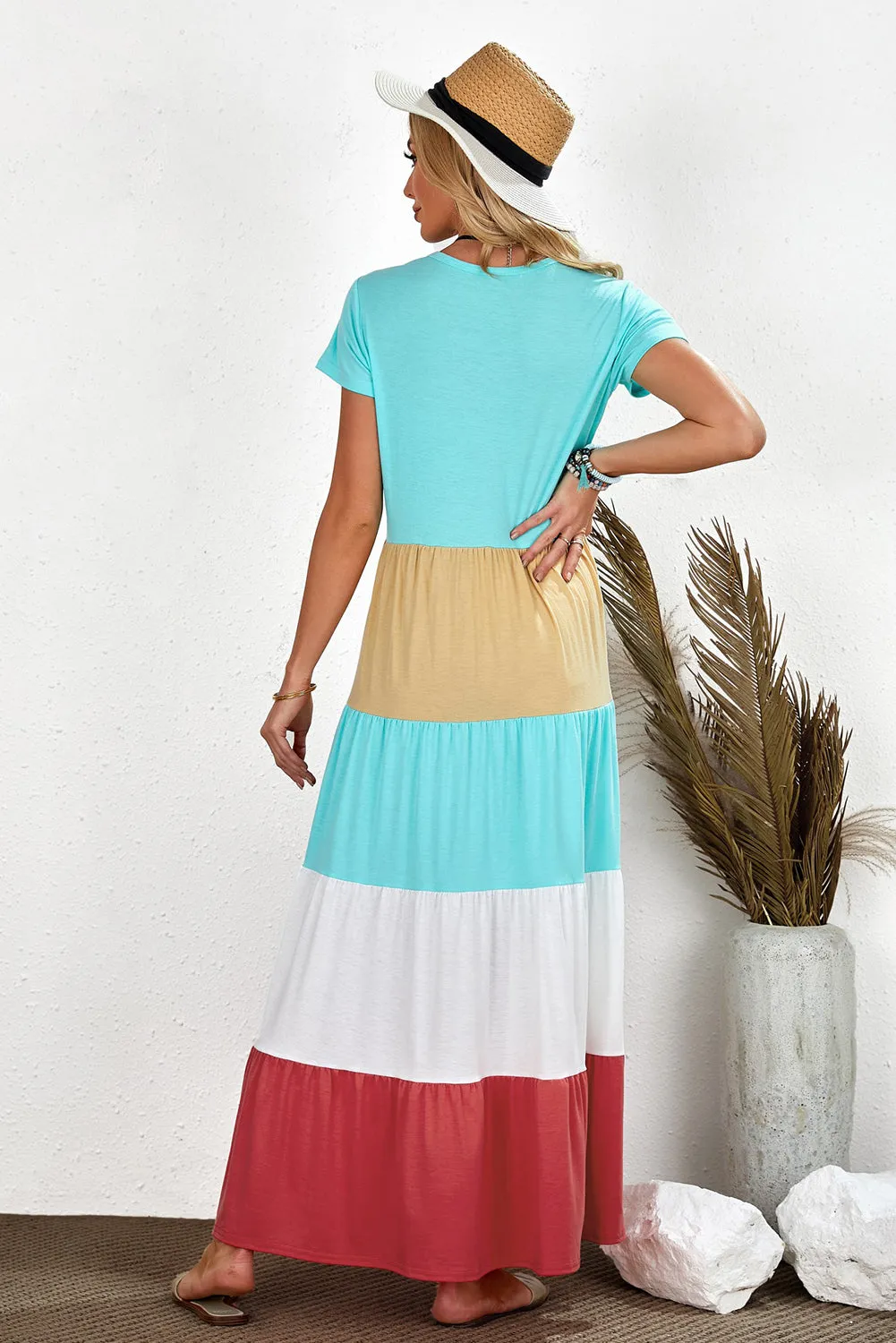 Family Matching Round Neck Short Sleeve Color Block Adult Maxi Dress