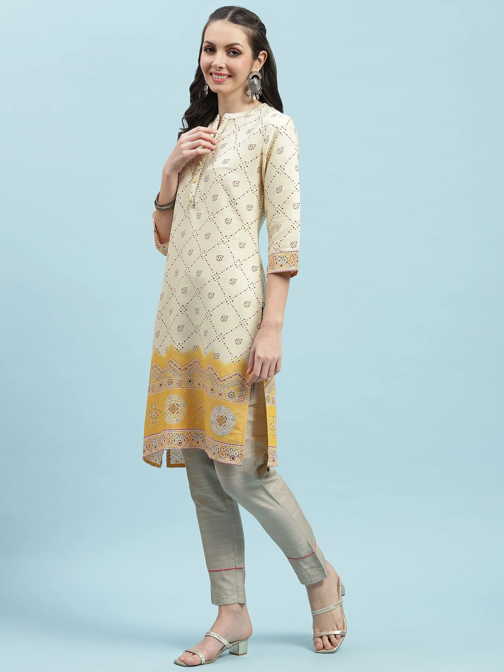 Indiessence Mustard Ornamental Printed Kurta