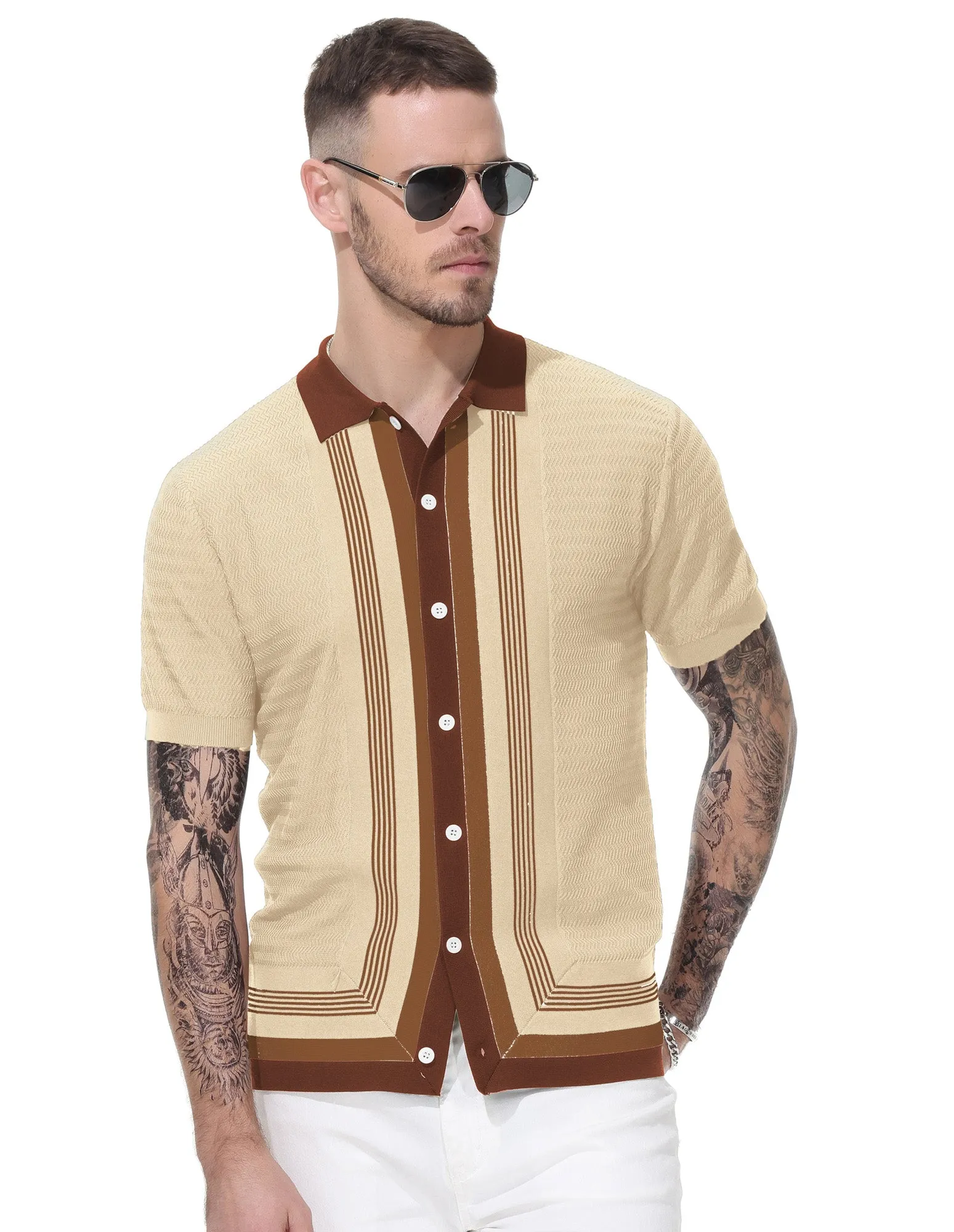 Men's Vintage Stripe Knit Polo Shirts Short Sleeve Stylish Button Down Cardigan Sweater