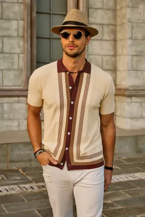 Men's Vintage Stripe Knit Polo Shirts Short Sleeve Stylish Button Down Cardigan Sweater