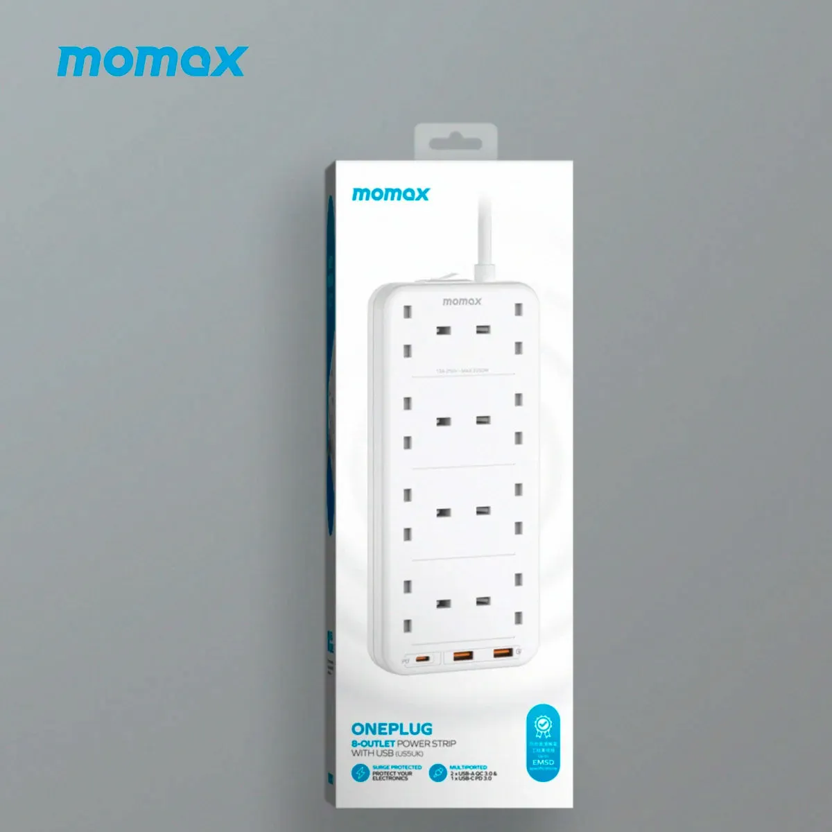 Momax ONEPLUG 8-Outlet Power Strip with USB (US5UK)