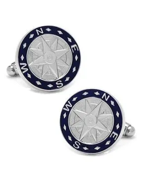 Nautical Compass Cufflinks - Silver Tone - Blue Inlay