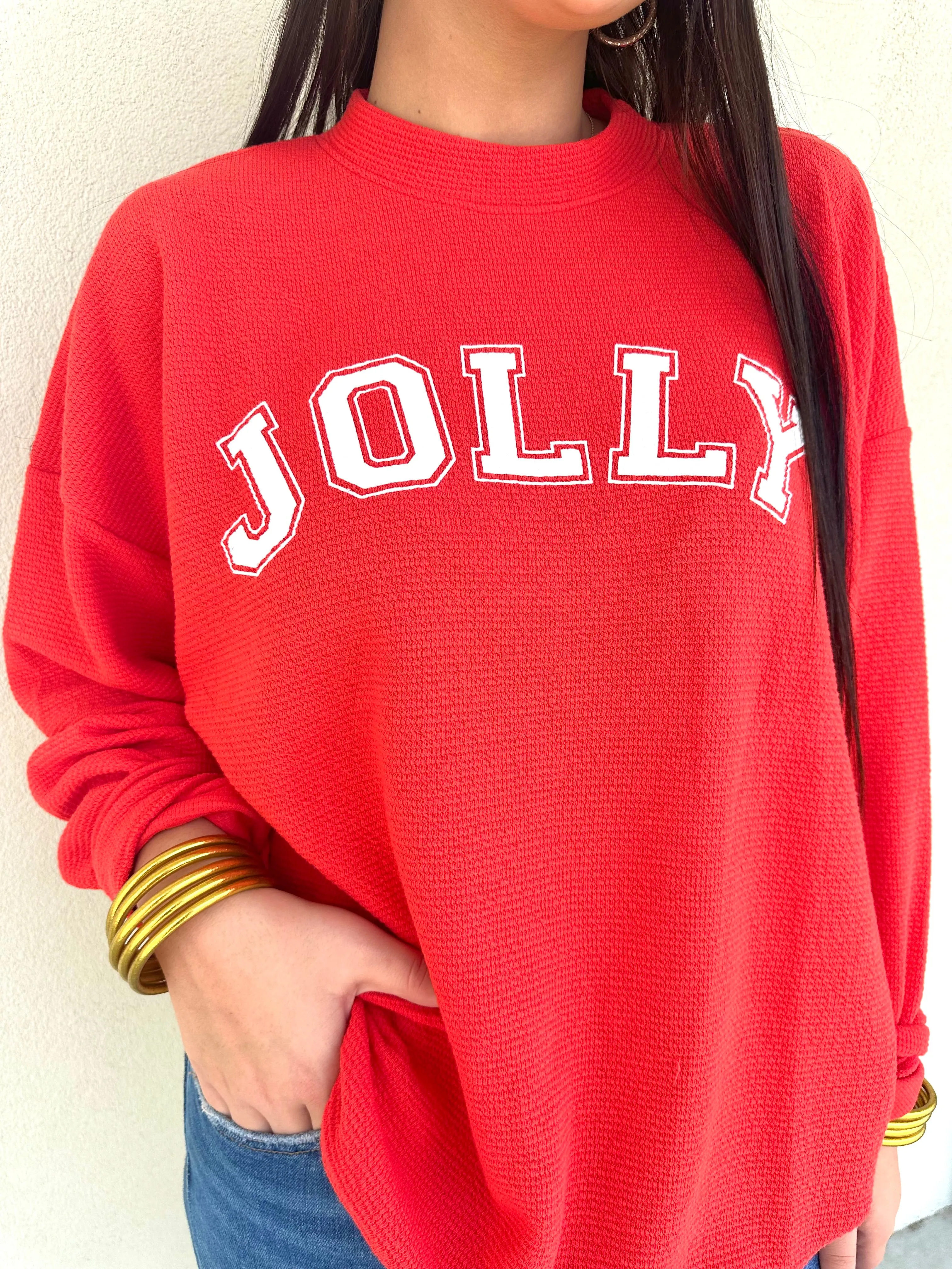 Southern Drifter- "Jolly" Graphic Long-Sleeve Knitted Top - Red